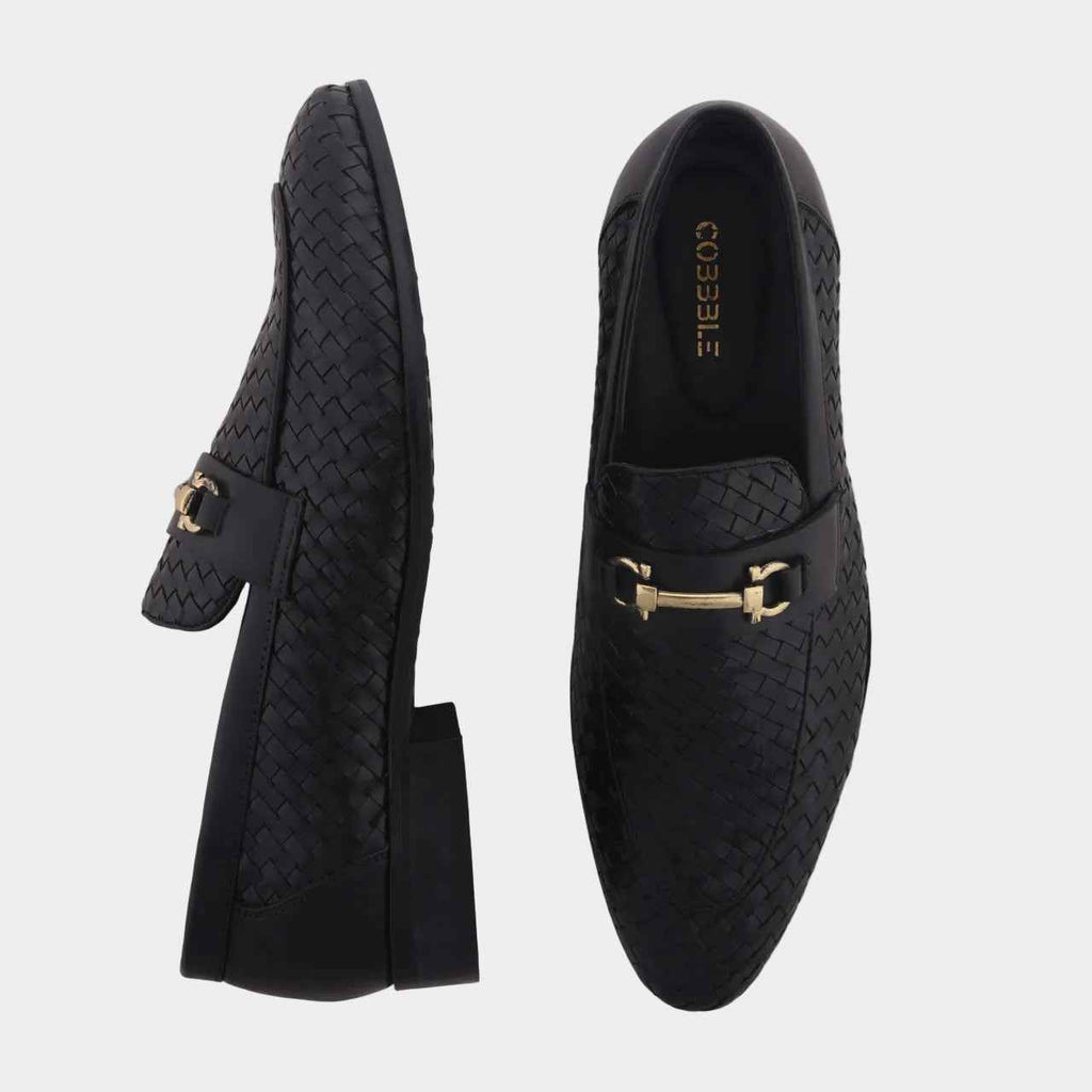 Cobbble Men's Genuine Leather Woven Loafer Shoes - Black