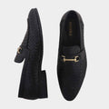 Cobbble Men's Genuine Leather Woven Loafer Shoes - Black
