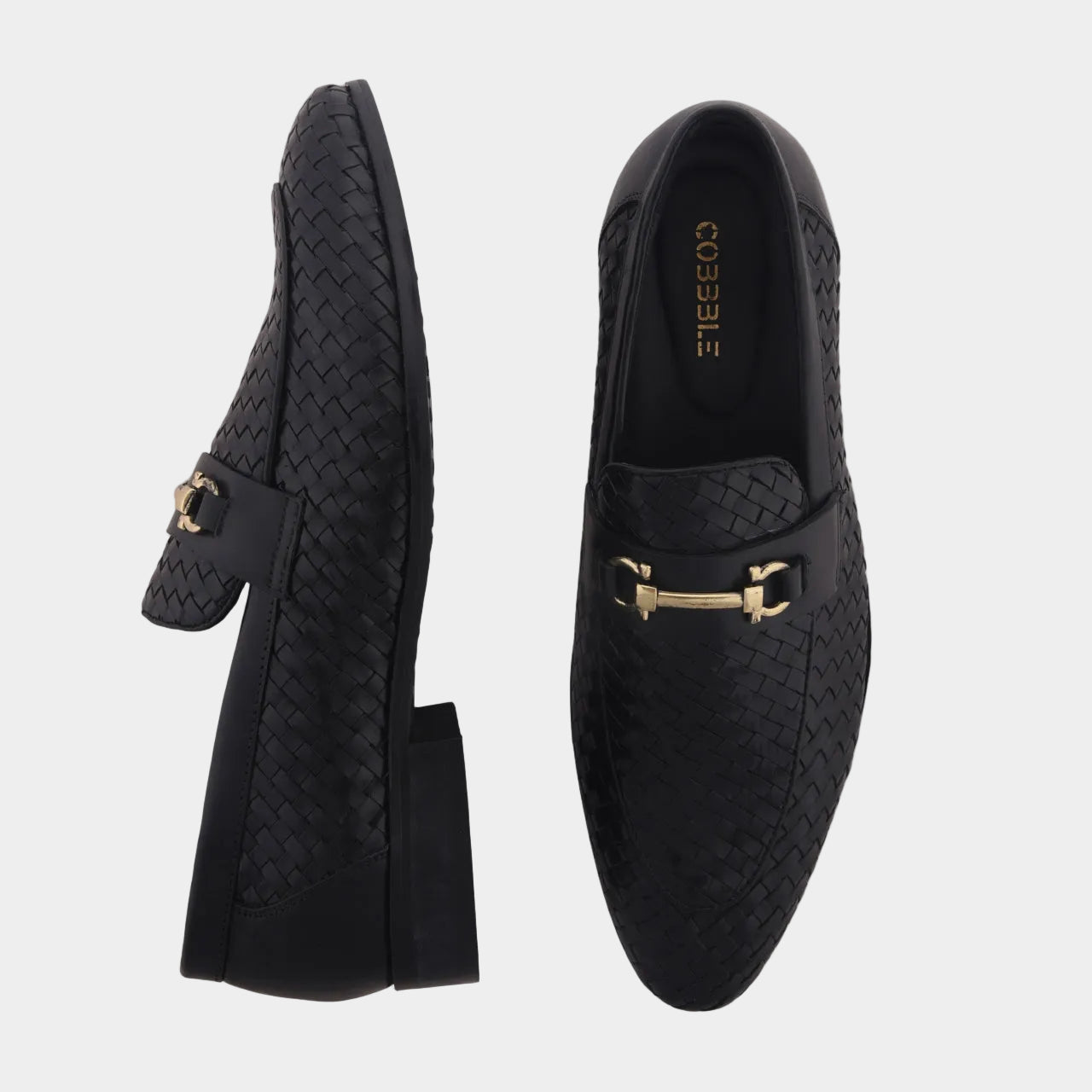 Cobbble Men's Genuine Leather Woven Loafer Shoes - Black