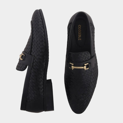 Cobbble Men's Genuine Leather Woven Loafer Shoes - Black