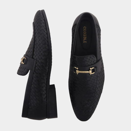 Cobbble Men's Genuine Leather Woven Loafer Shoes - Black
