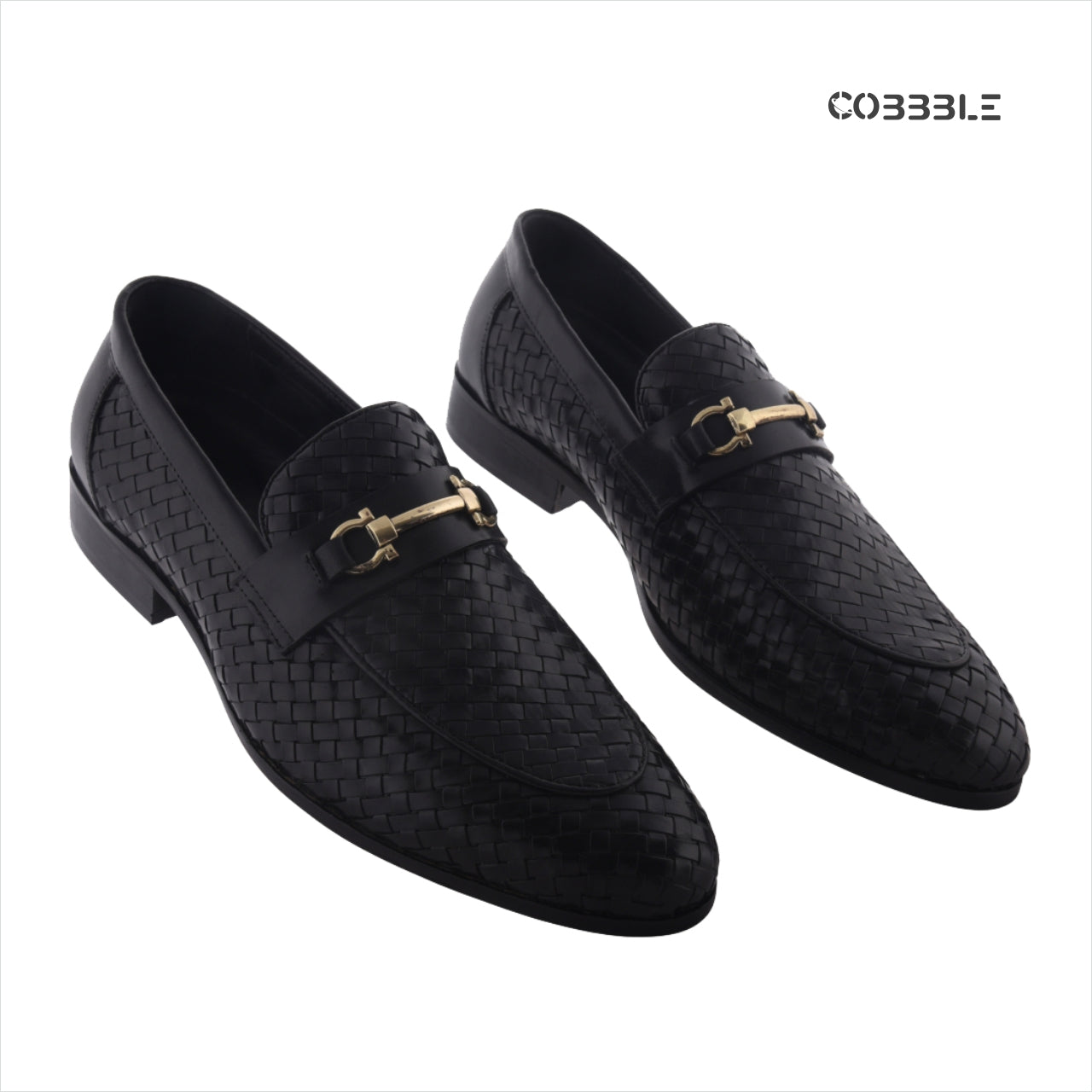 Cobbble Men's Genuine Leather Woven Loafer Shoes - Black