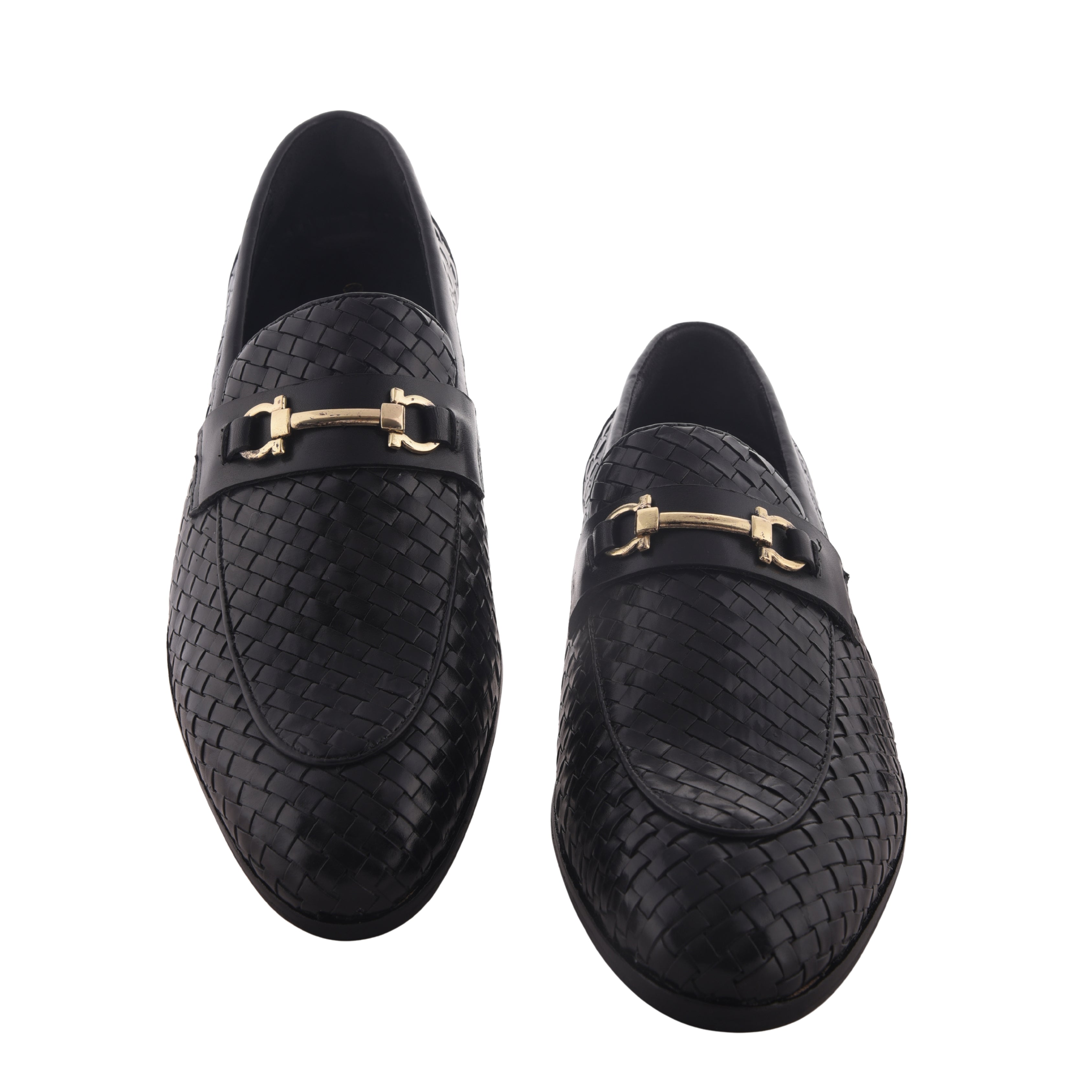 Cobbble Men's Genuine Leather Woven Loafer Shoes - Black