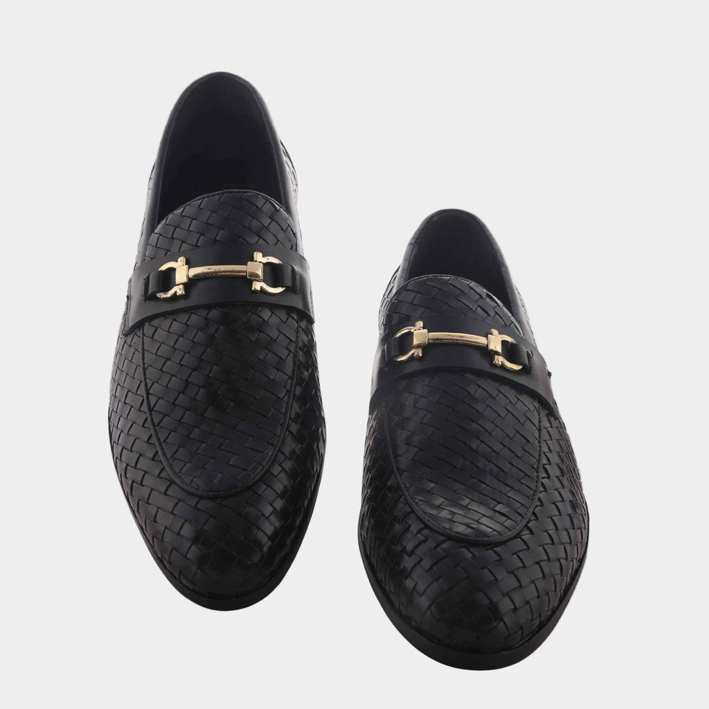 Cobbble Men's Genuine Leather Woven Loafer Shoes - Black
