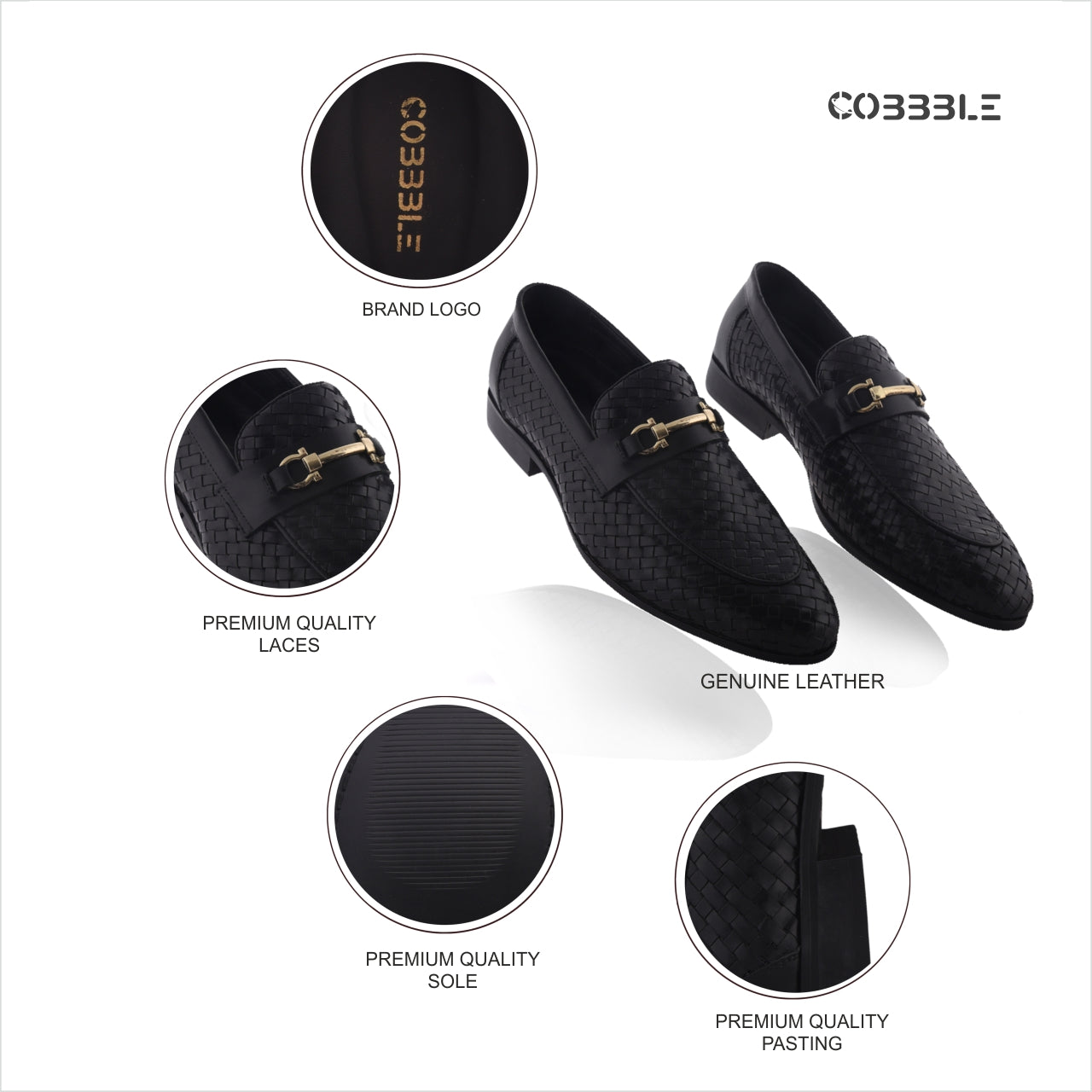 Cobbble Men's Genuine Leather Woven Loafer Shoes - Black