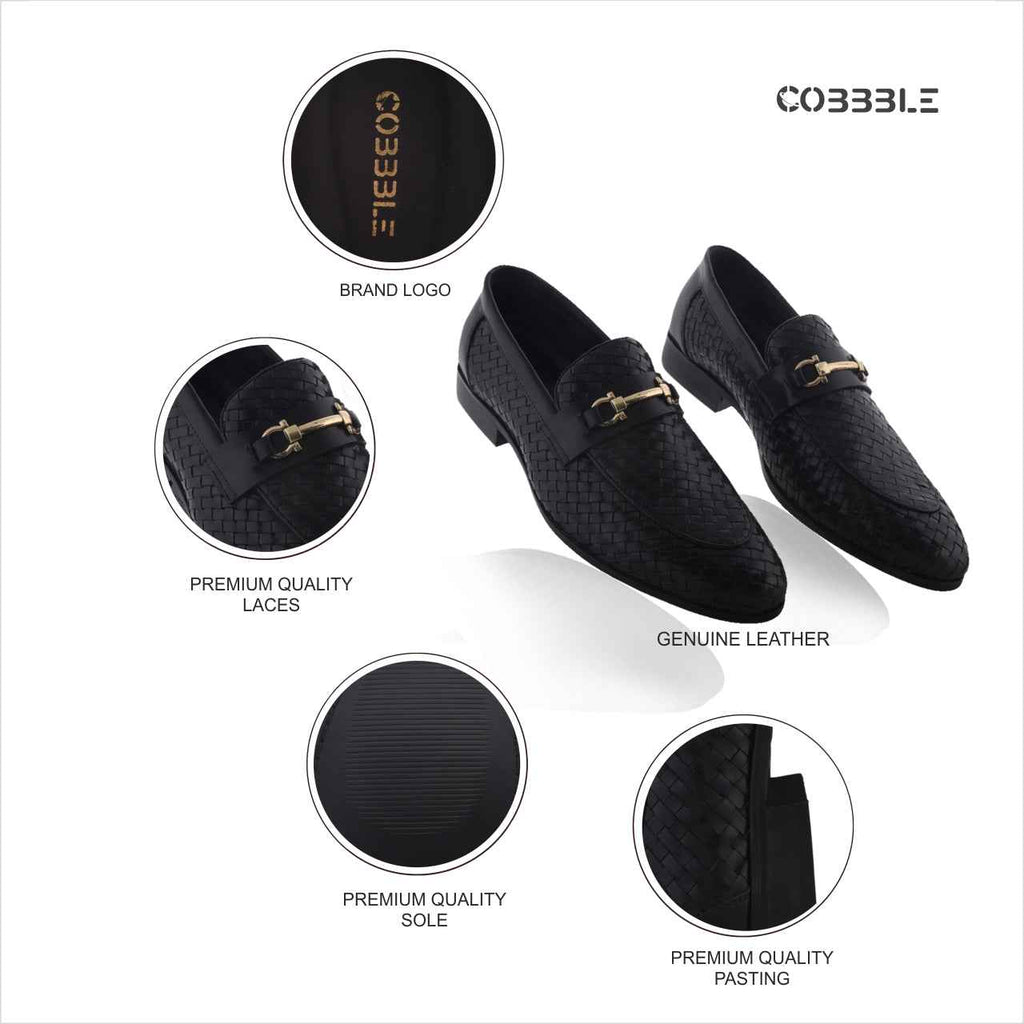 Cobbble Men's Genuine Leather Woven Loafer Shoes - Black