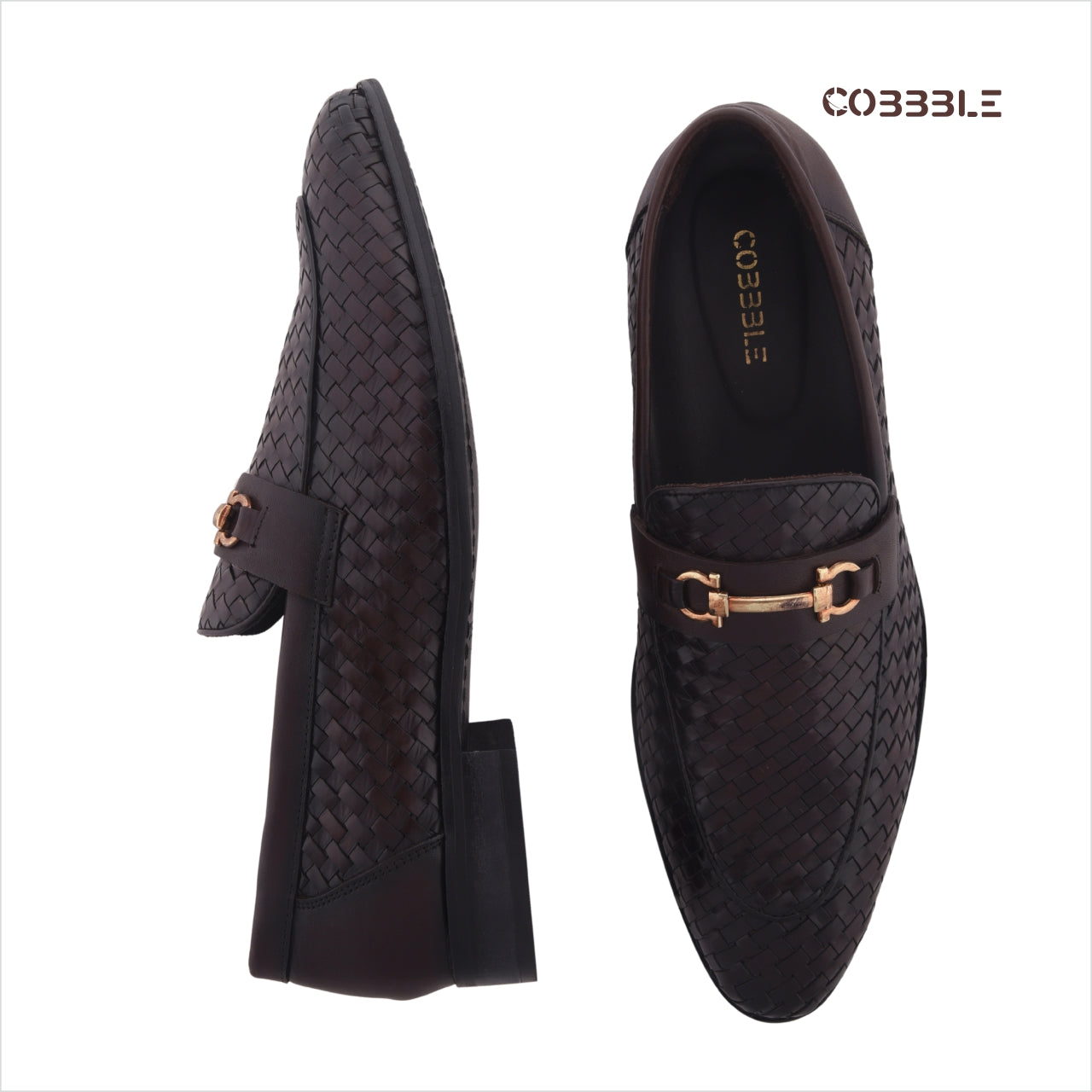 Cobbble Men's Genuine Leather Woven Loafer Shoes - Cherry