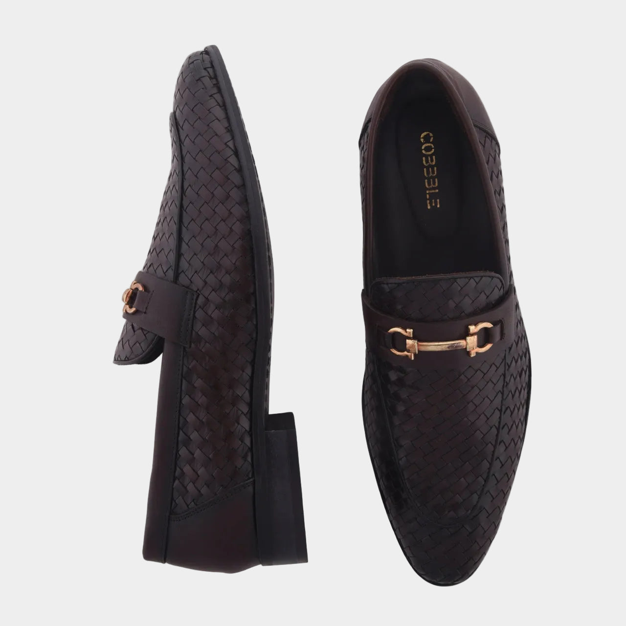 Cobbble Men's Genuine Leather Woven Loafer Shoes - Cherry