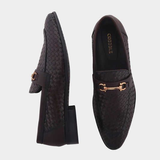 Cobbble Men's Genuine Leather Woven Loafer Shoes - Cherry