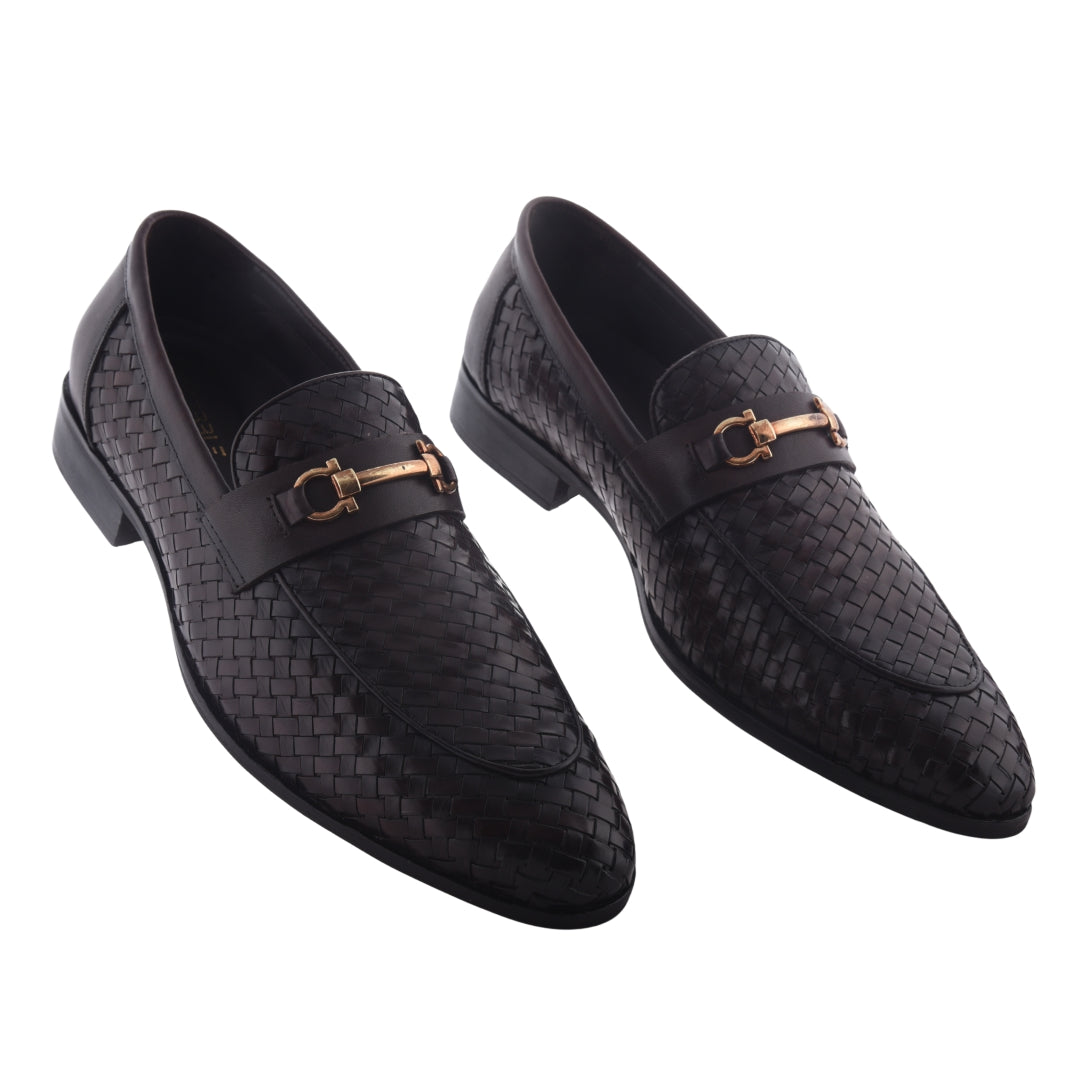 Cobbble Men's Genuine Leather Woven Loafer Shoes - Cherry