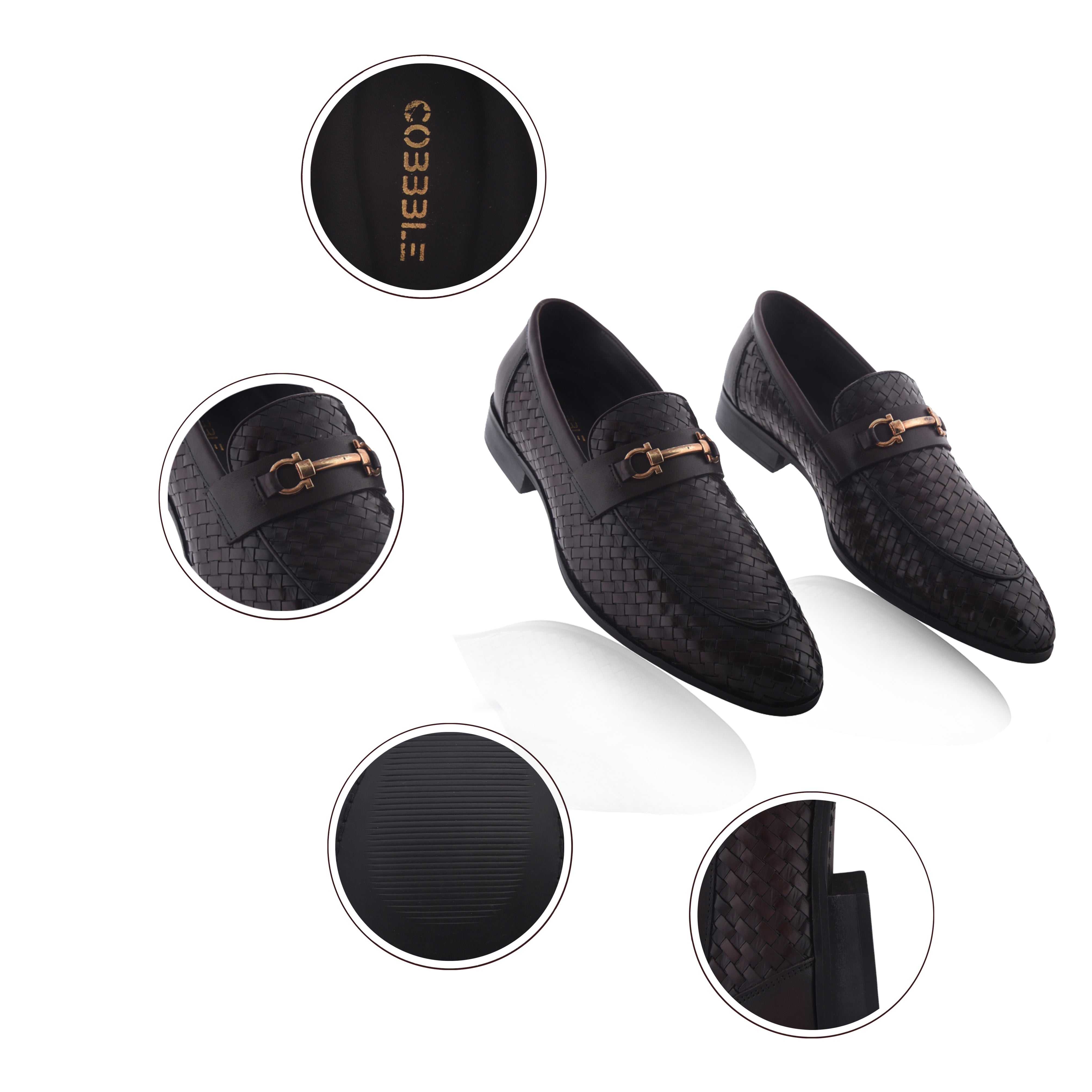 Cobbble Men's Genuine Leather Woven Loafer Shoes - Cherry