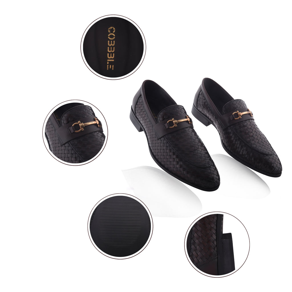 Cobbble Men's Genuine Leather Woven Loafer Shoes - Cherry