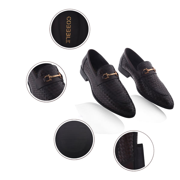 Cobbble Men's Genuine Leather Woven Loafer Shoes - Cherry