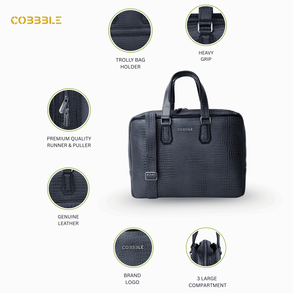Cobbble Croco Executive Laptop Briefcase - Navy Leather