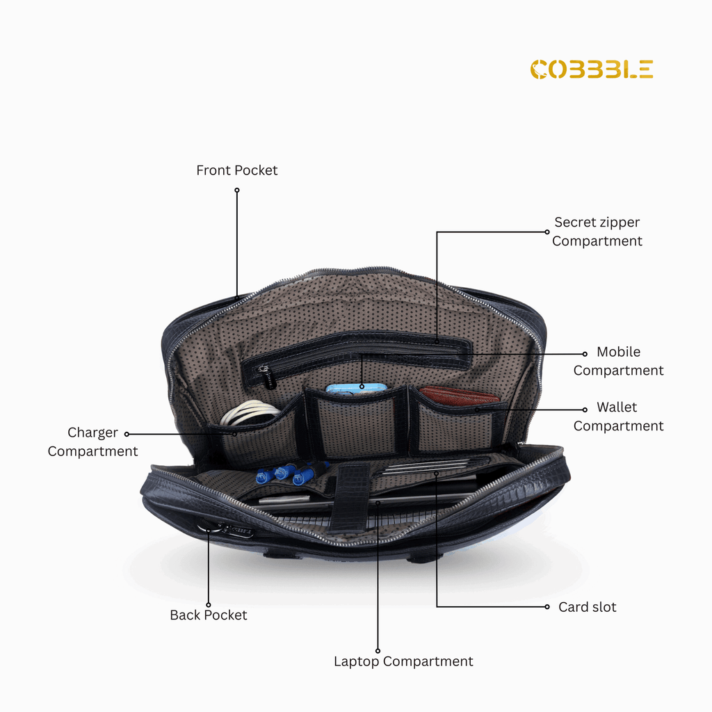 Cobbble Croco Executive Laptop Briefcase - Navy Leather