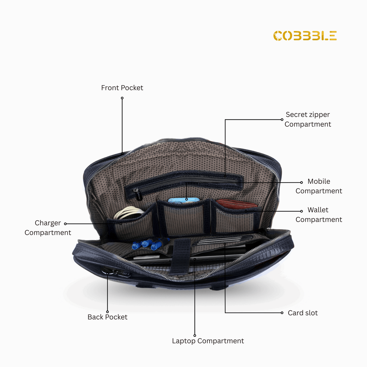 Cobbble Croco Executive Laptop Briefcase - Navy Blue