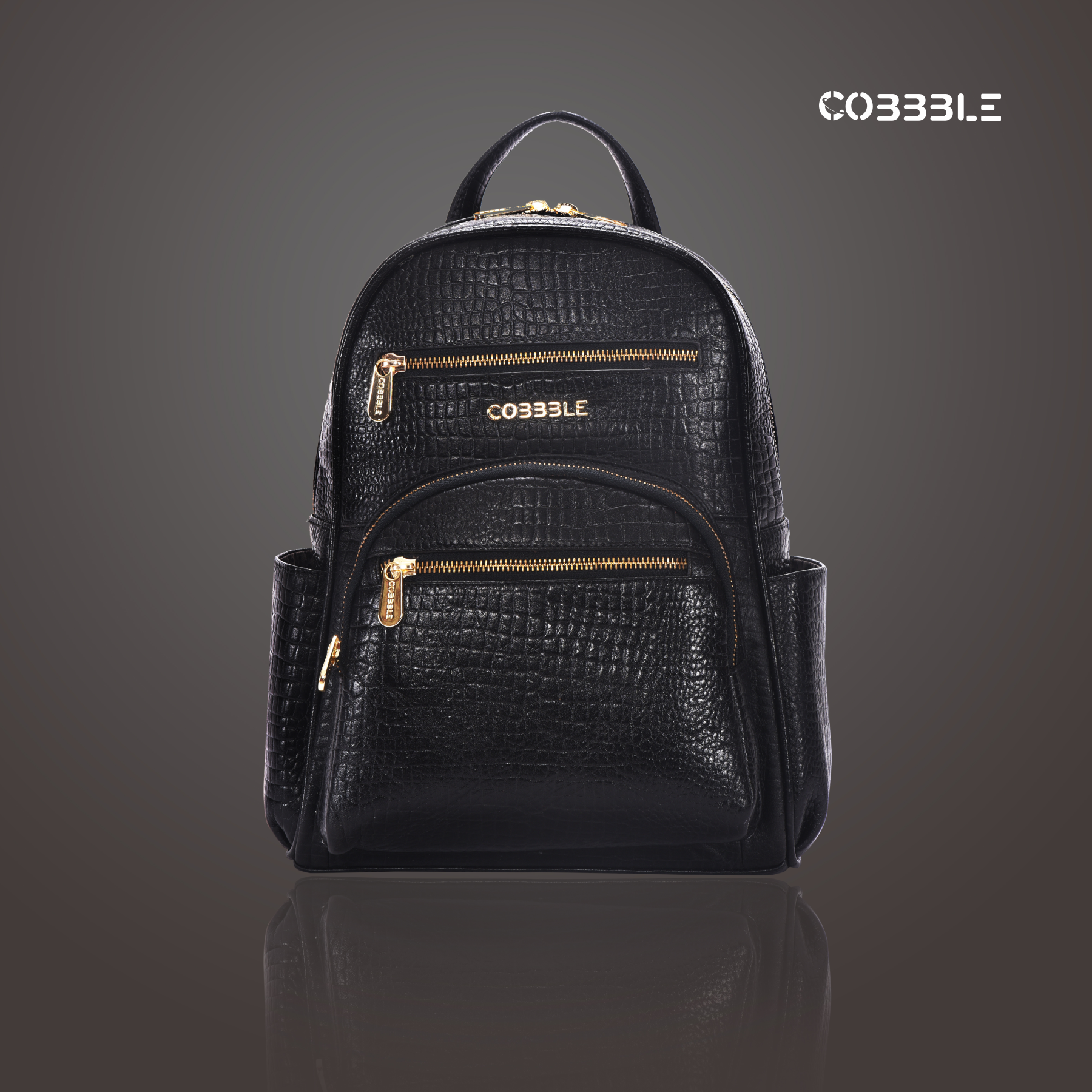 Cobbble Woman Croco Day Backpack - Black, Multi-Pocket