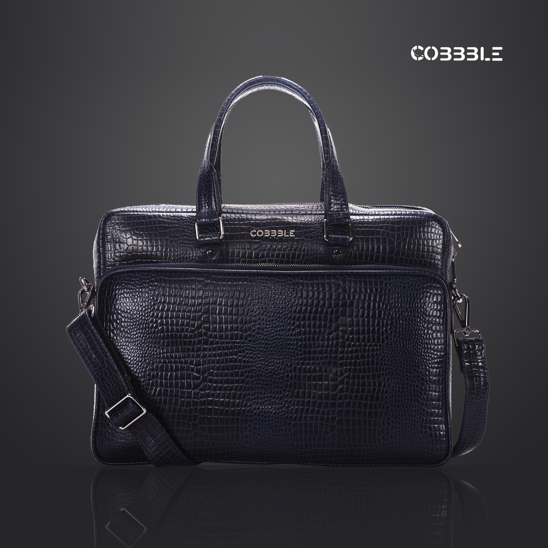 Cobbble Croco Classic Laptop Briefcase - Black