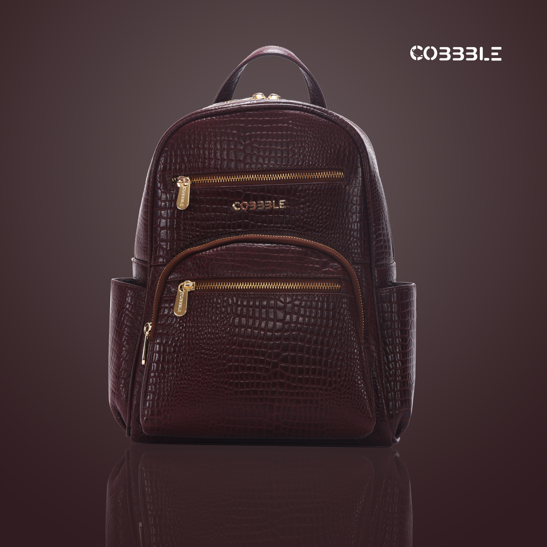 Cobbble Woman Croco Day Backpack - Cherry, Multi-Pocket