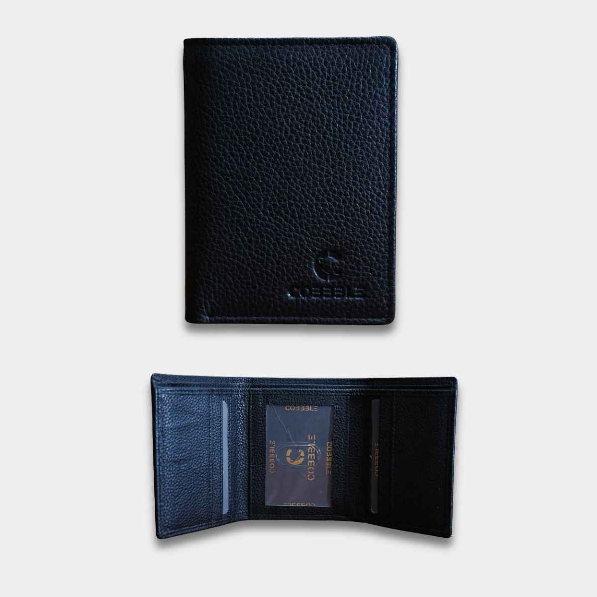 Cobbble Crest Leather Trifold Wallet - Black