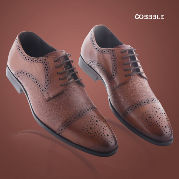 Cobbble Men's Premium Engraved Brogue Leather Shoes - Tan
