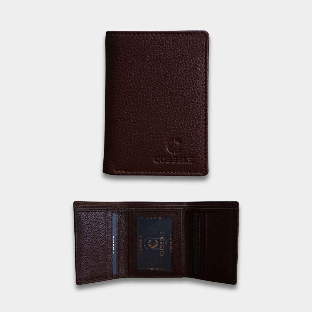 Cobbble Crest Leather Trifold Wallet - Brown