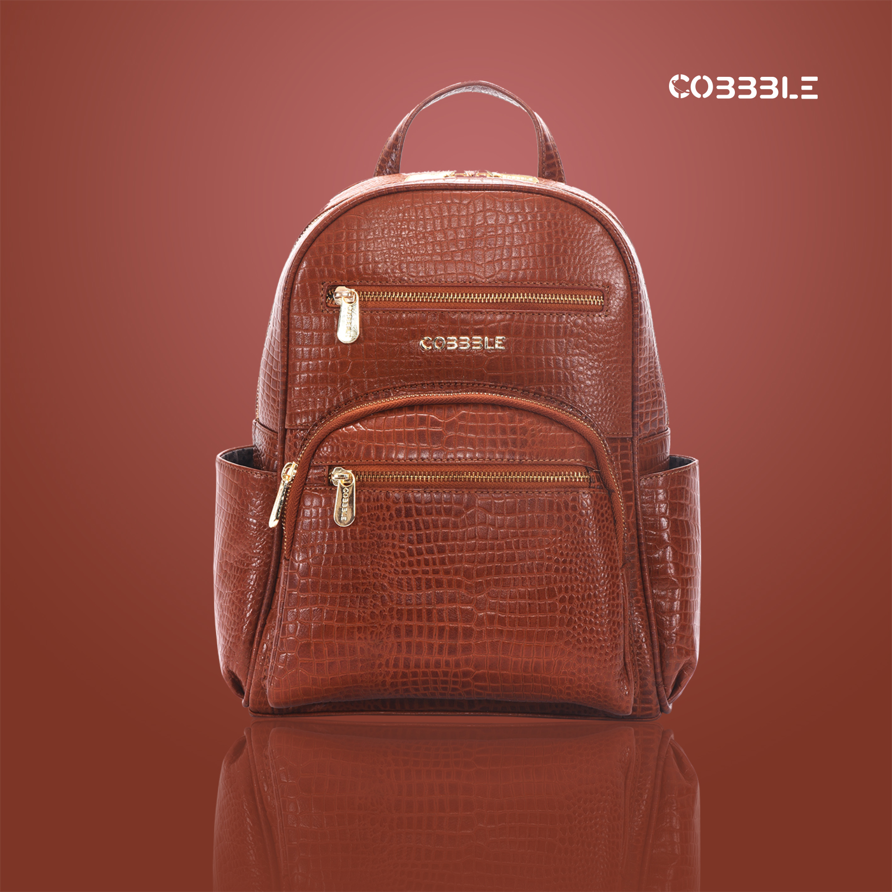 Cobbble Woman Croco Day Backpack - Tan, Multi-Pocket