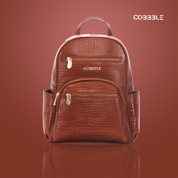 Cobbble Woman Croco Day Backpack - Tan, Multi-Pocket