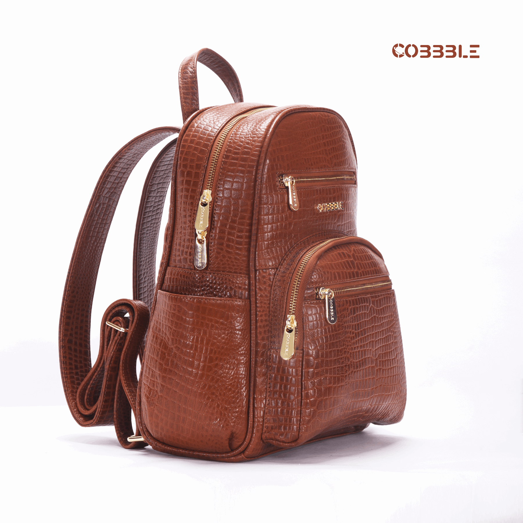 Cobbble Woman Croco Day Backpack - Tan, Multi-Pocket