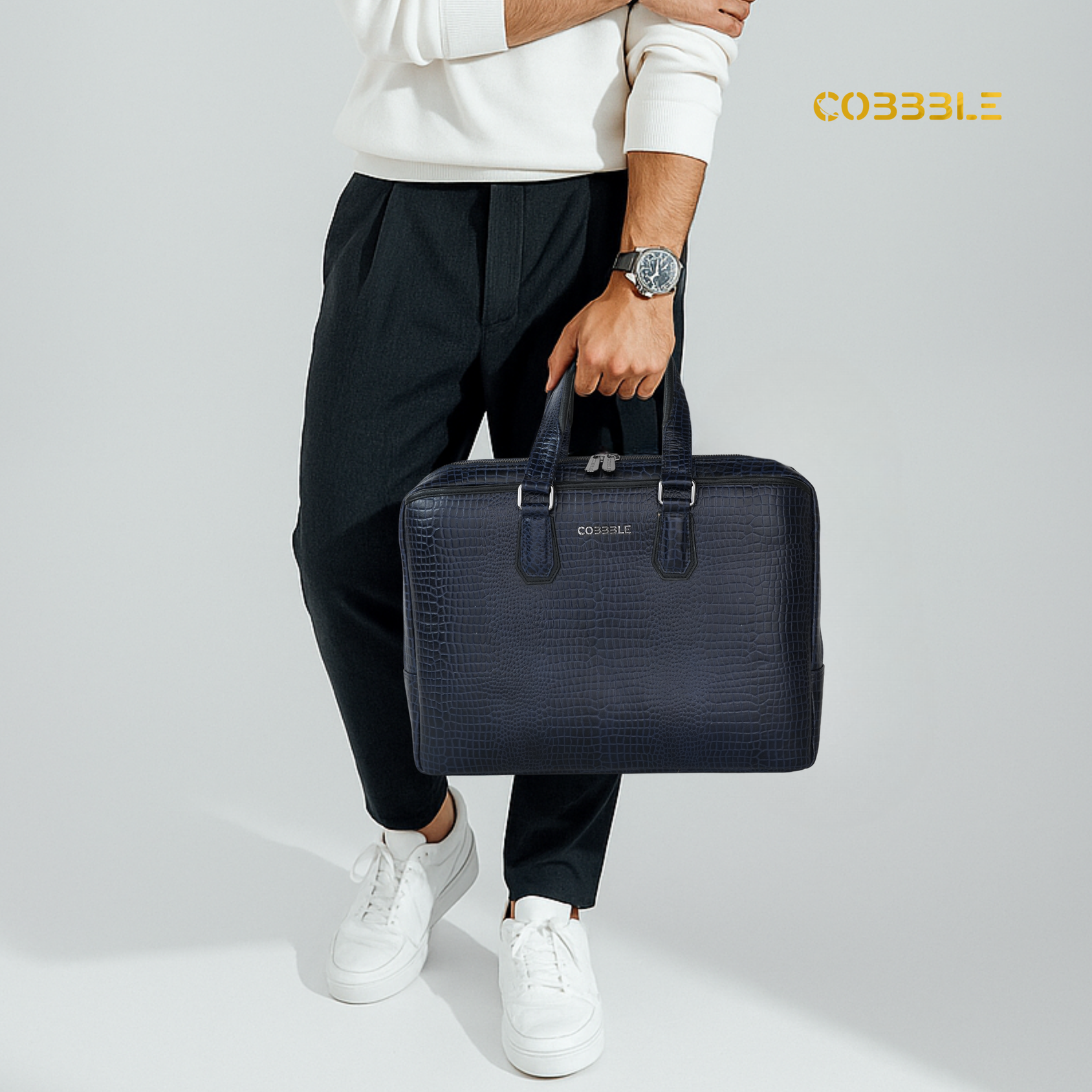 Cobbble Croco Executive Laptop Briefcase - Navy Blue