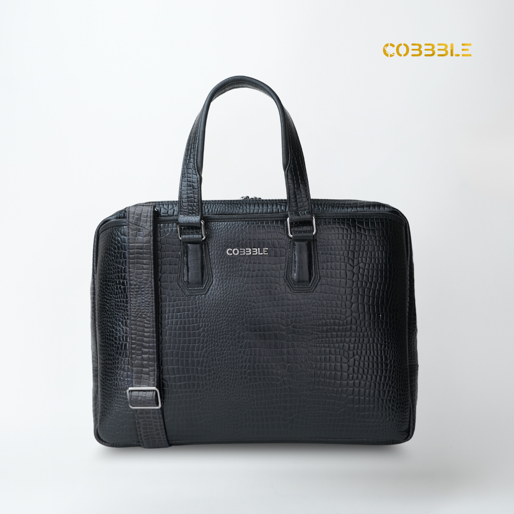 Cobbble Croco Executive Laptop Briefcase - Black