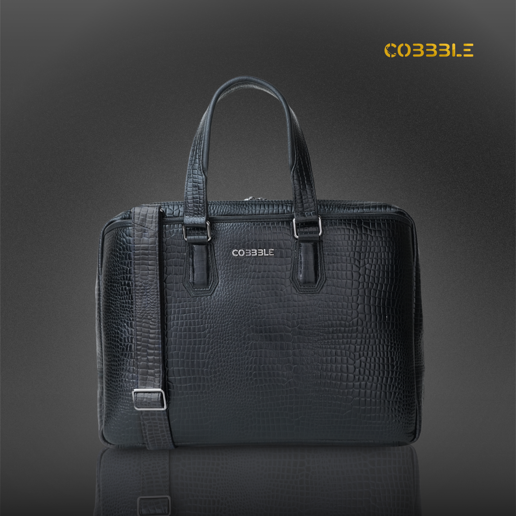 Cobbble Croco Executive Laptop Briefcase - Black