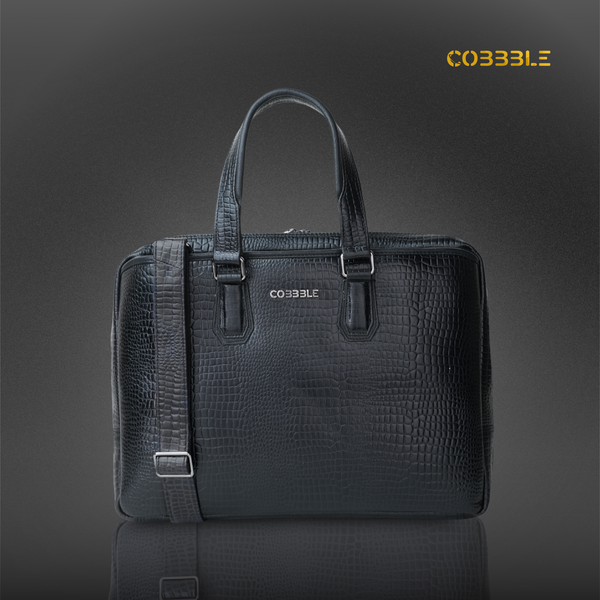 Cobbble Croco Executive Laptop Briefcase - Black
