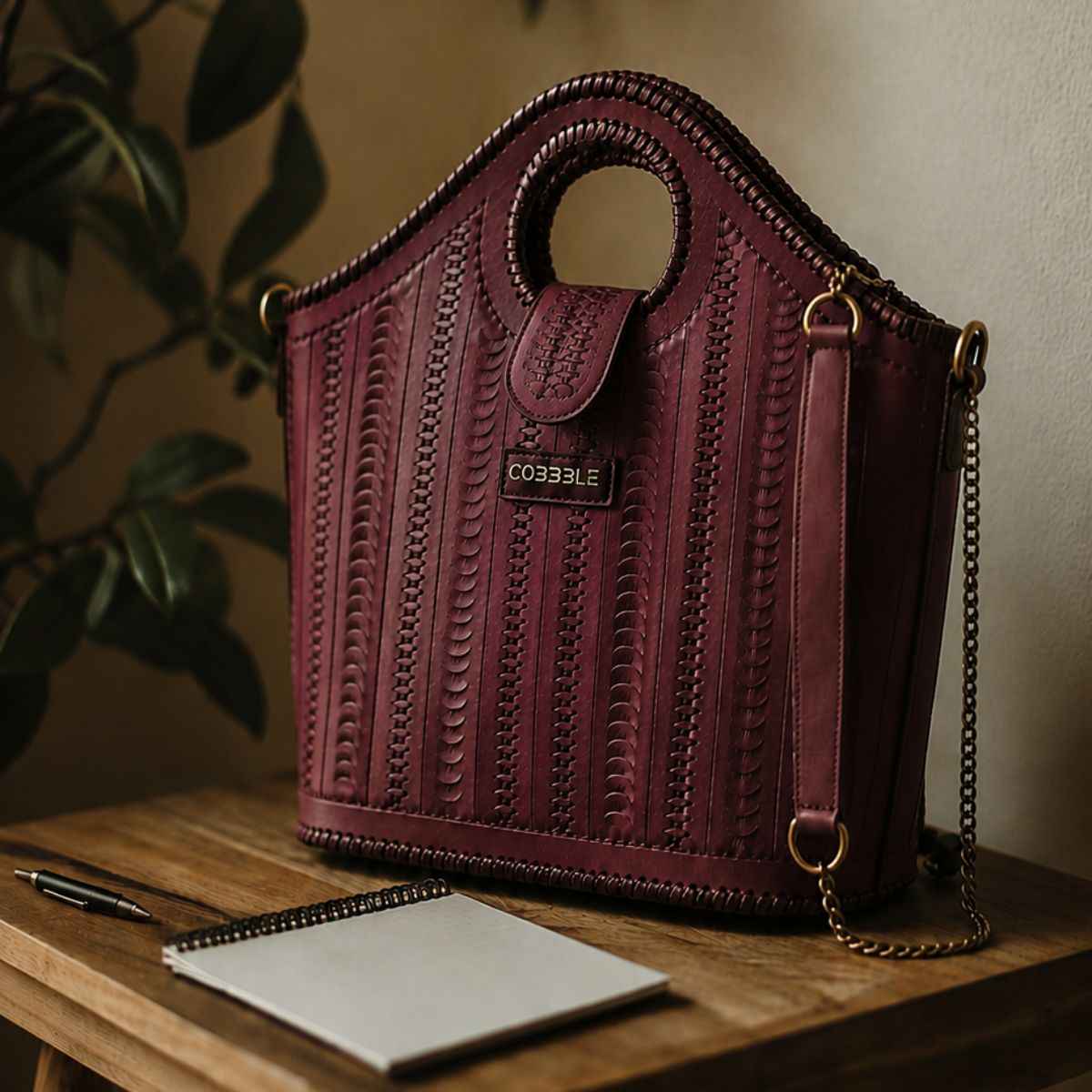 Cobbble Signature Tooled Tote - Plum
