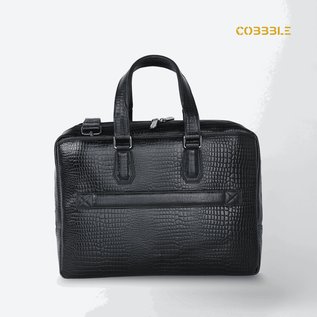 Cobbble Croco Executive Laptop Briefcase - Black Leather