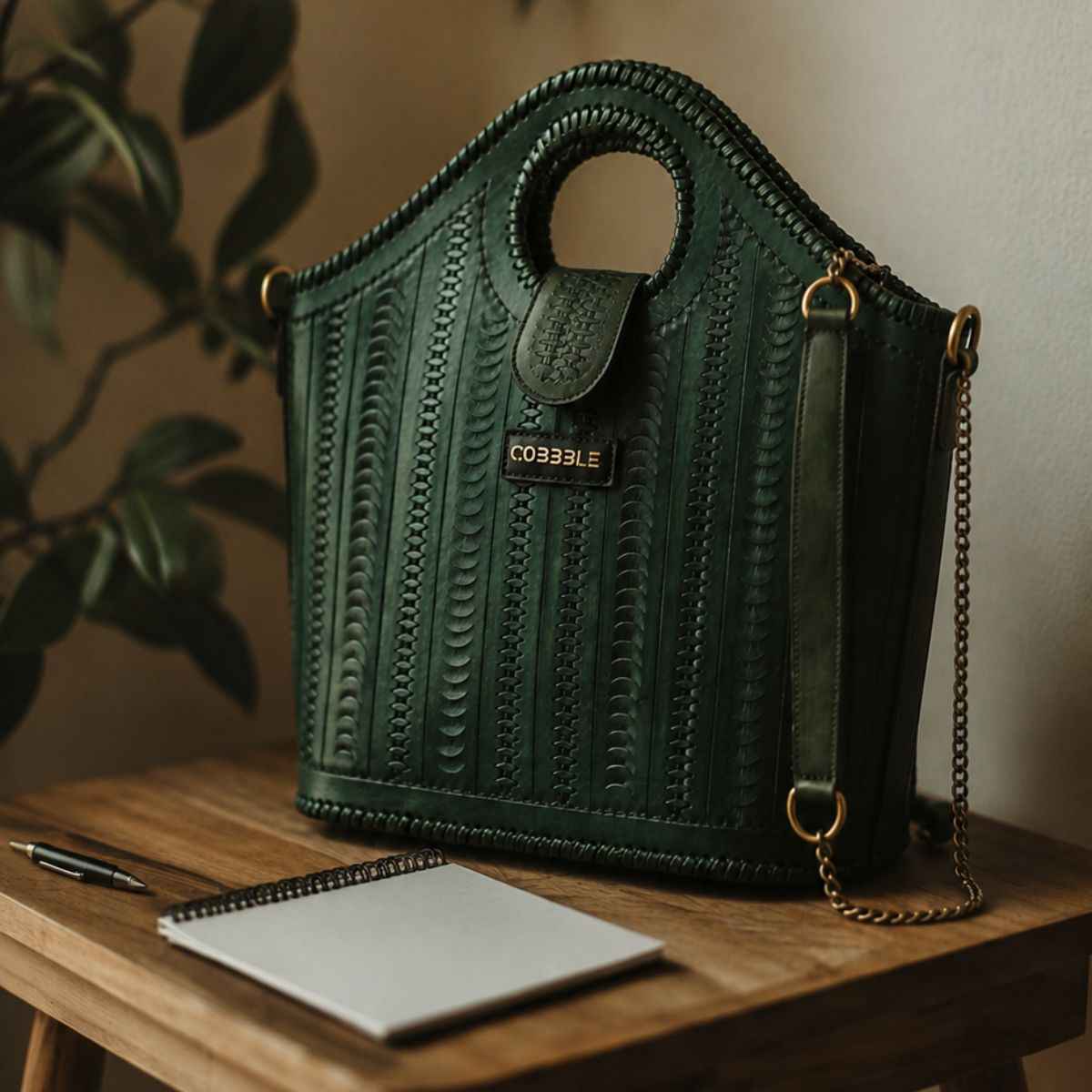 Cobbble Signature Tooled Tote - Olive Green