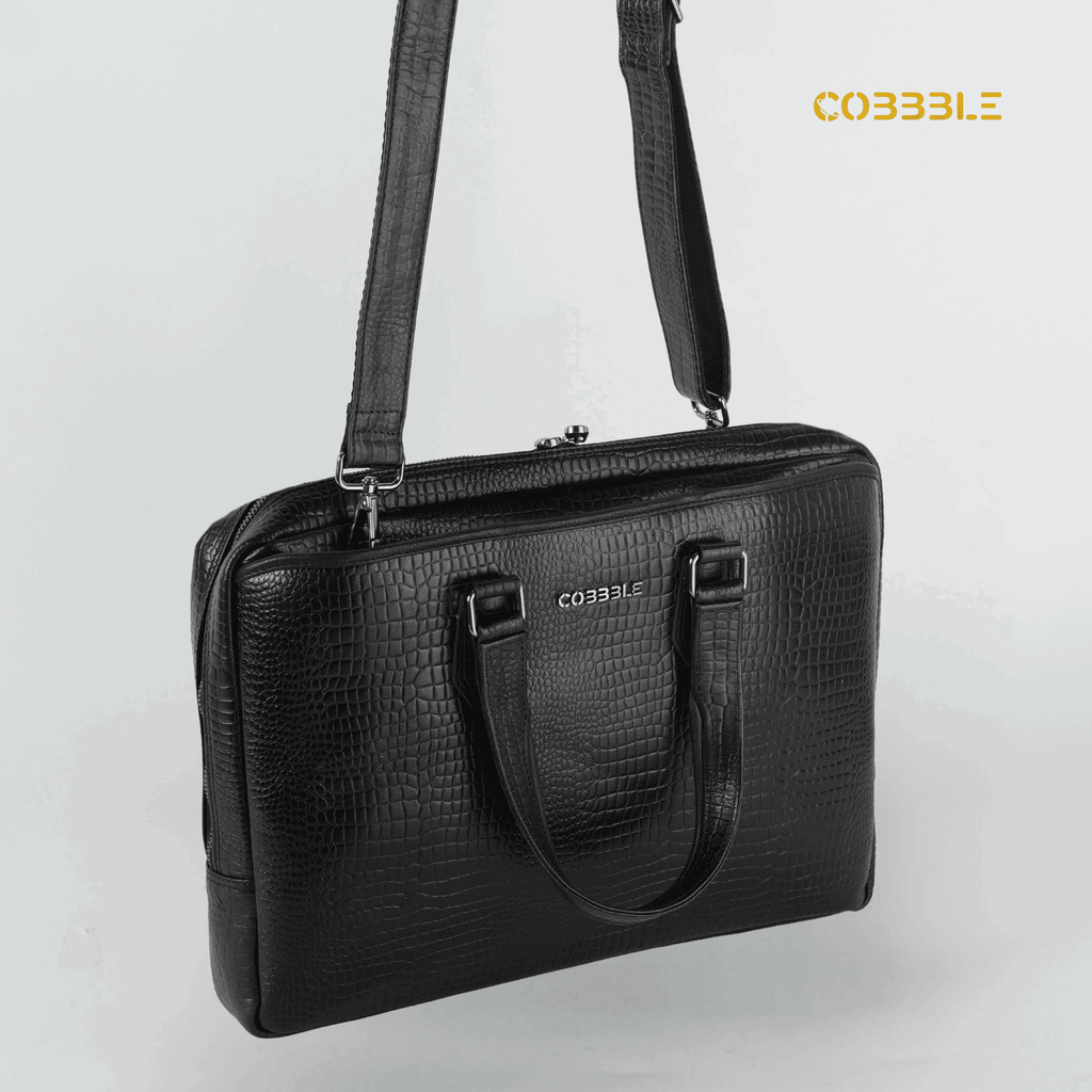 Cobbble Croco Executive Laptop Briefcase - Black Leather