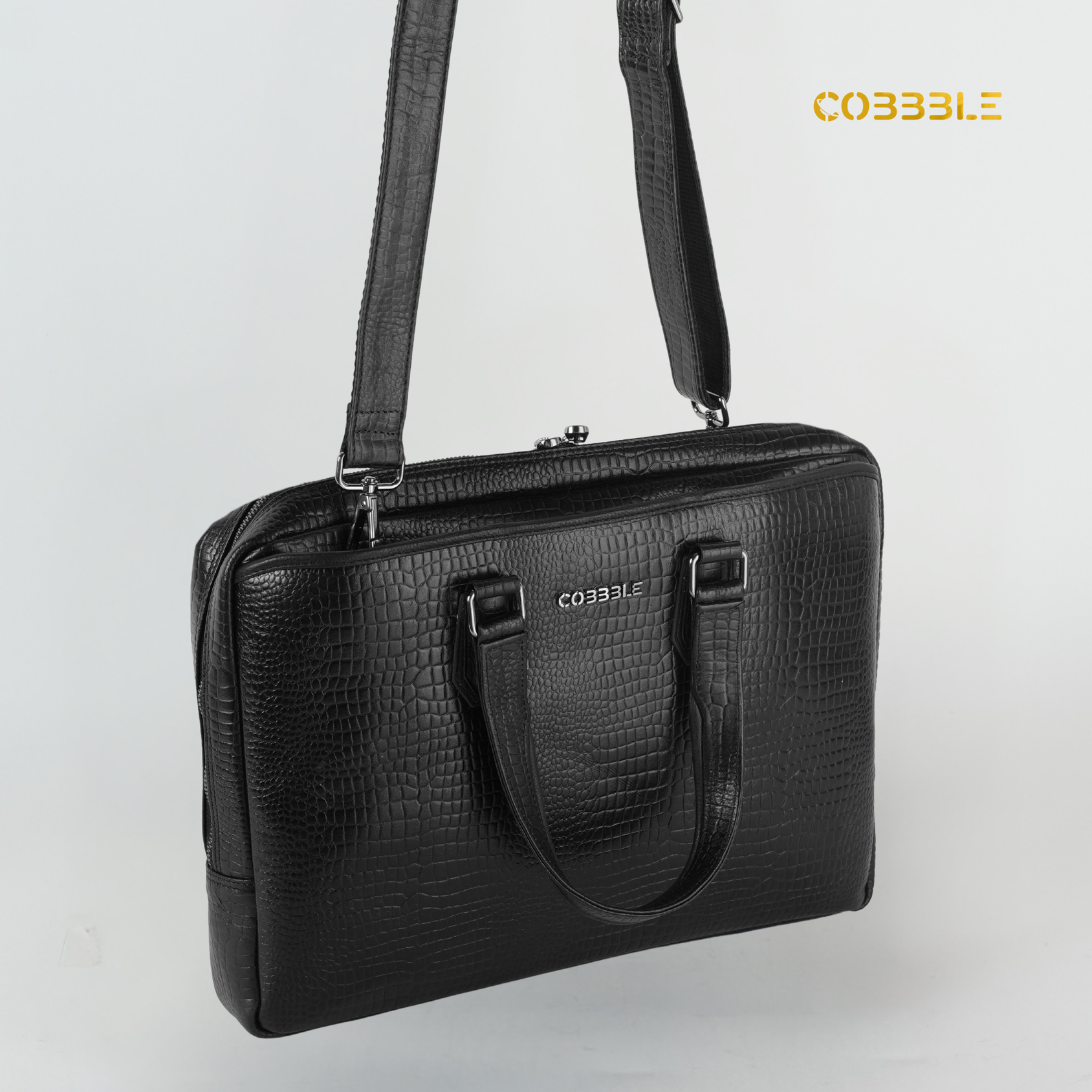 Cobbble Croco Executive Laptop Briefcase - Black