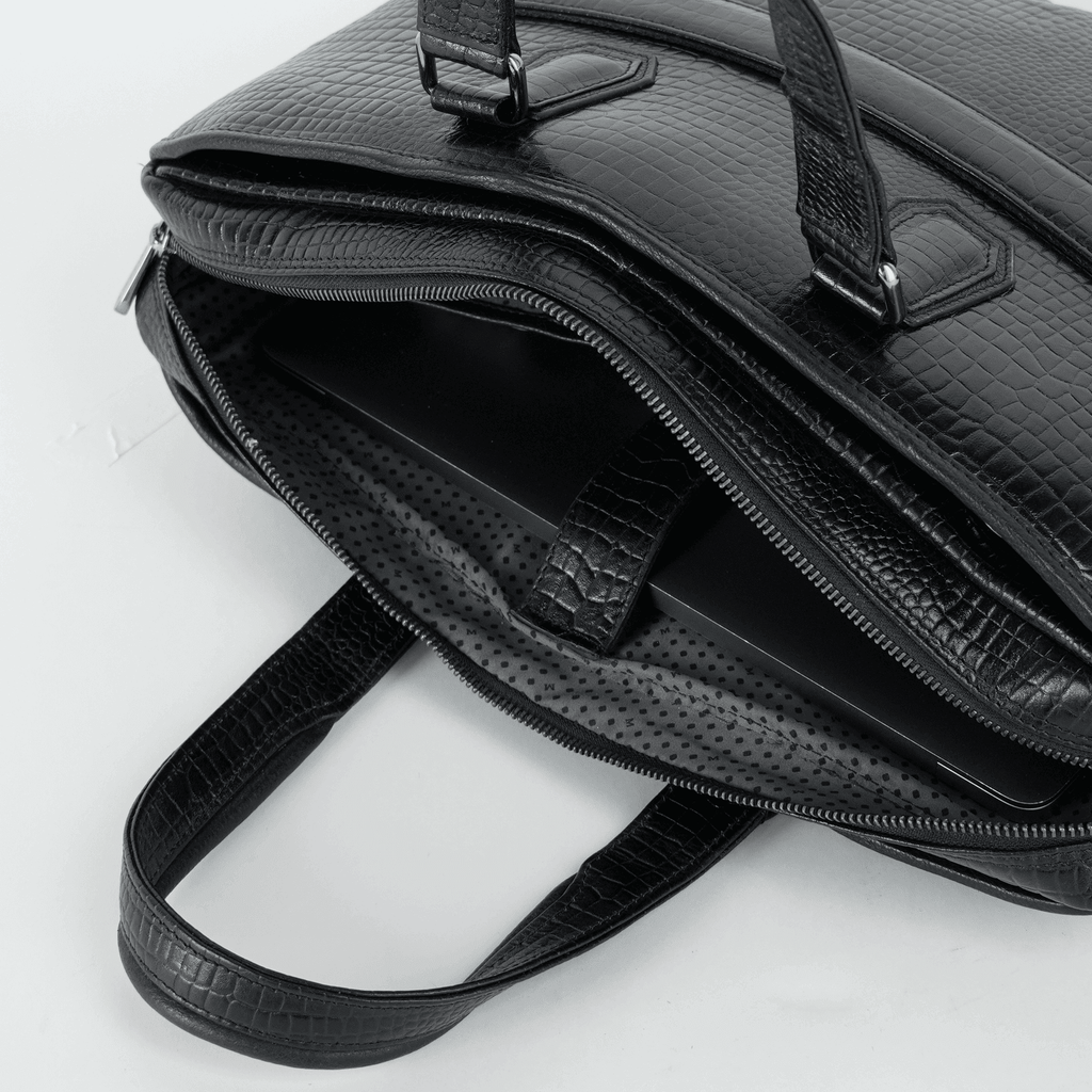 Cobbble Croco Executive Laptop Briefcase - Black Leather