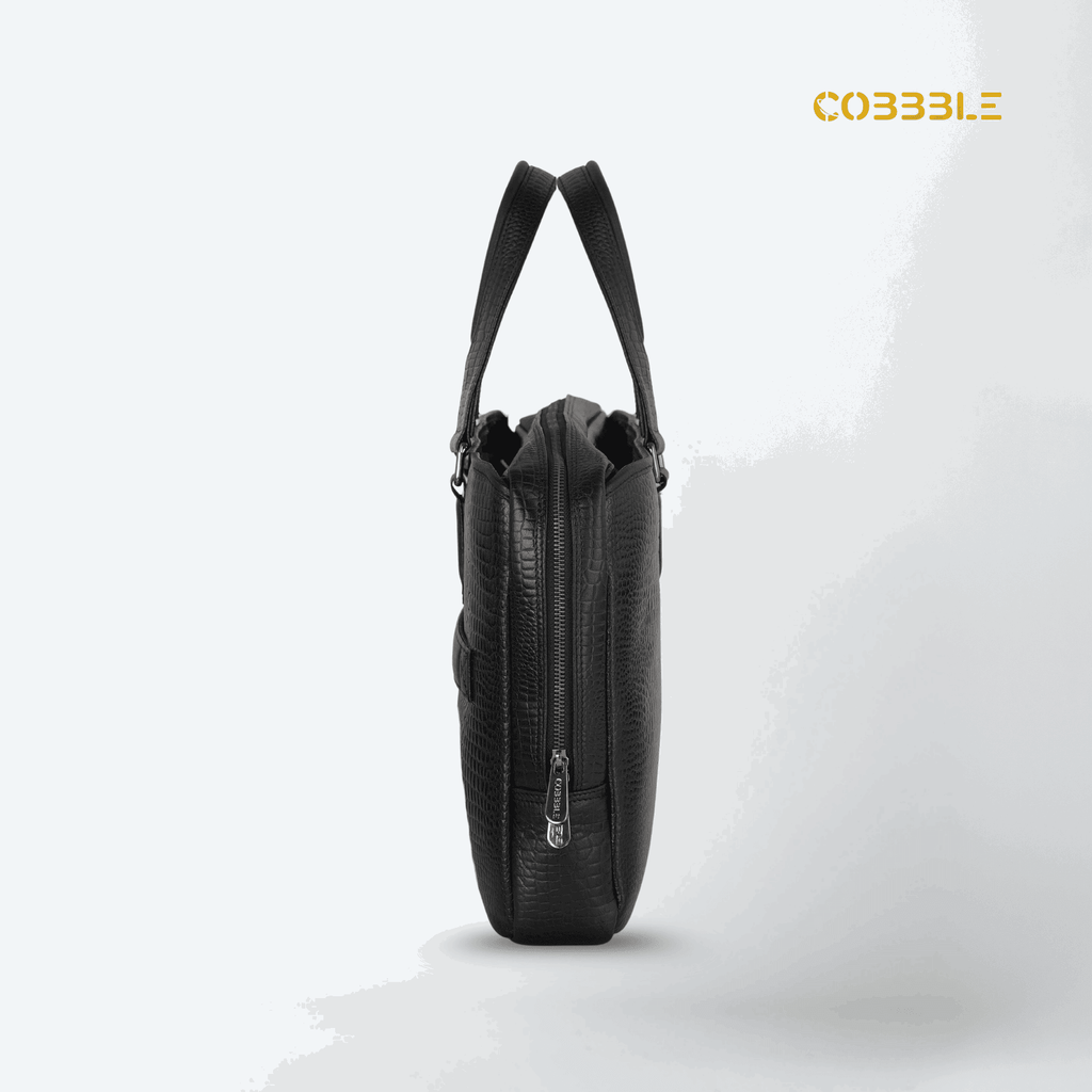 Cobbble Croco Executive Laptop Briefcase - Black Leather
