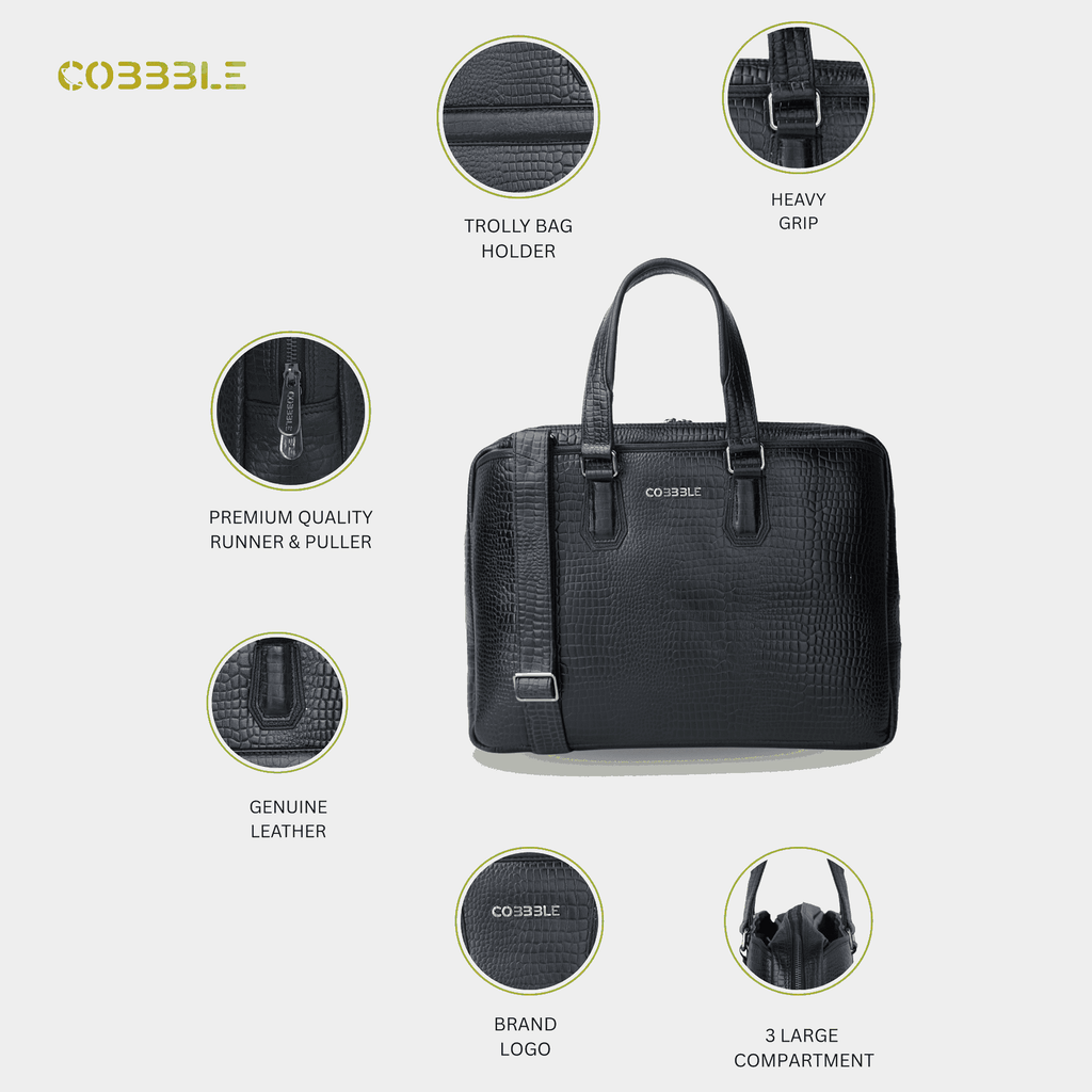 Cobbble Croco Executive Laptop Briefcase - Black Leather