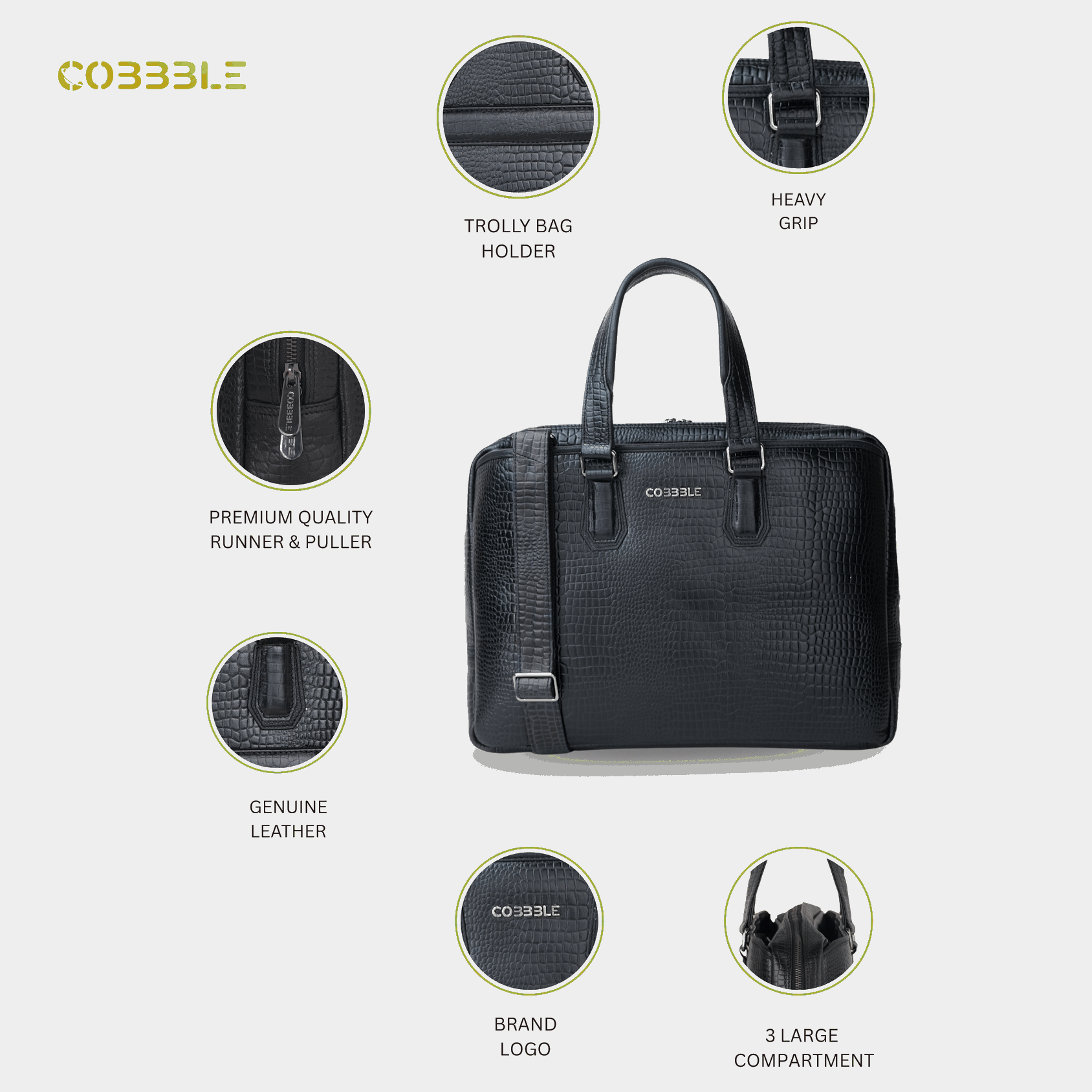 Cobbble Croco Executive Laptop Briefcase - Black