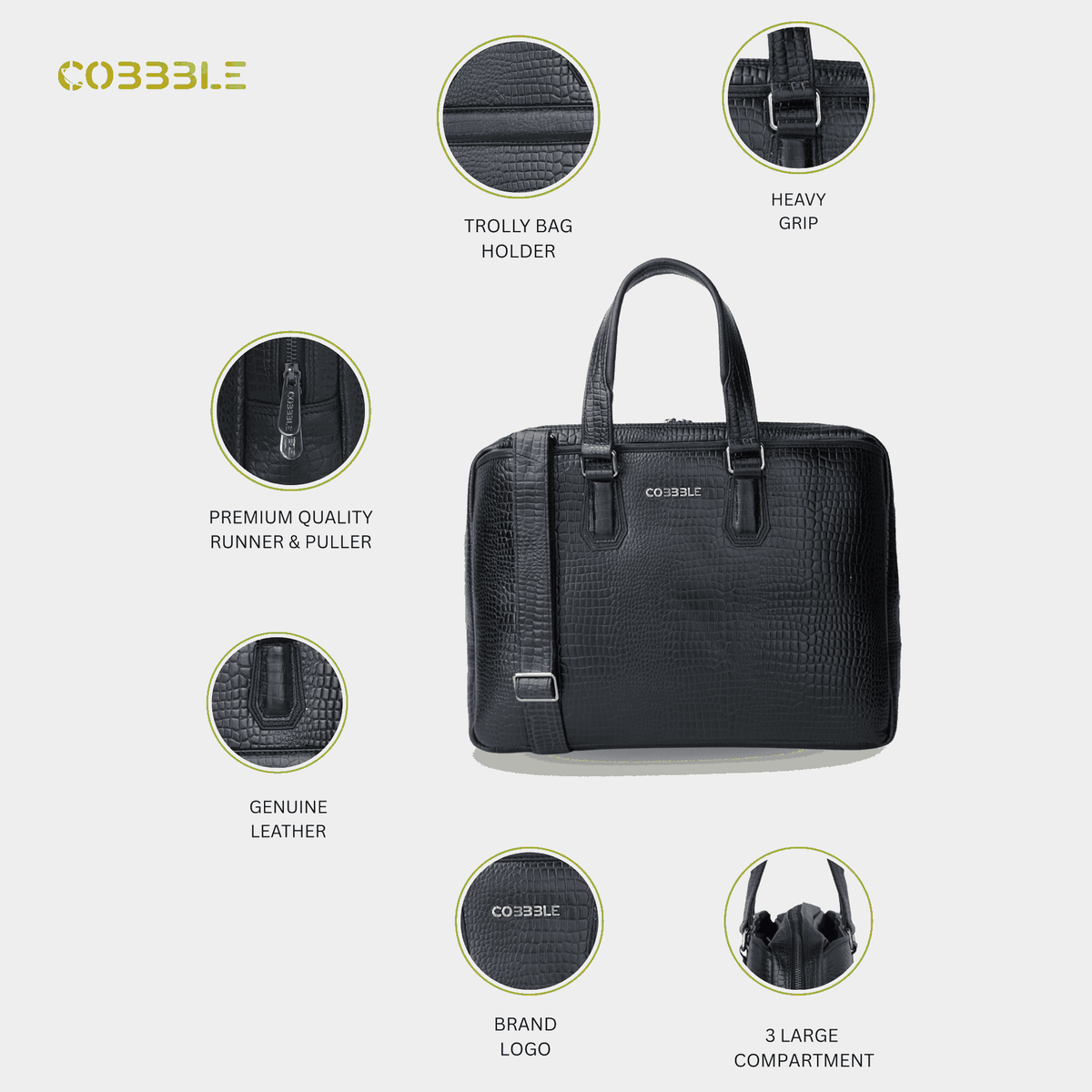 Cobbble Croco Executive Laptop Briefcase - Black Leather