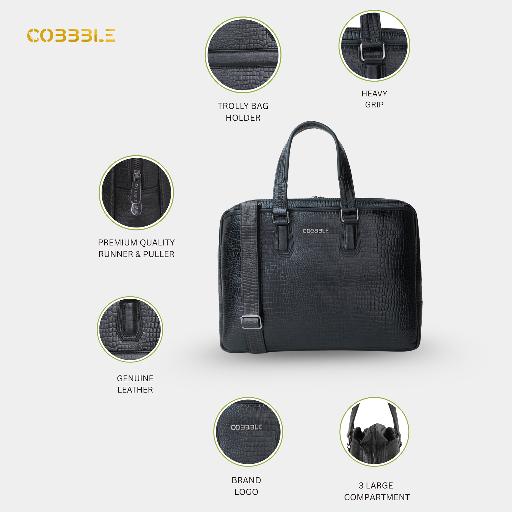 Cobbble Croco Executive Laptop Briefcase - Black