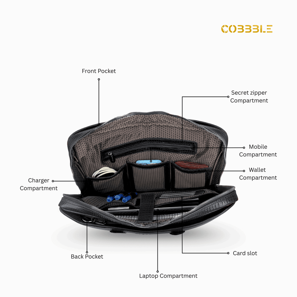 Cobbble Croco Executive Laptop Briefcase - Black Leather