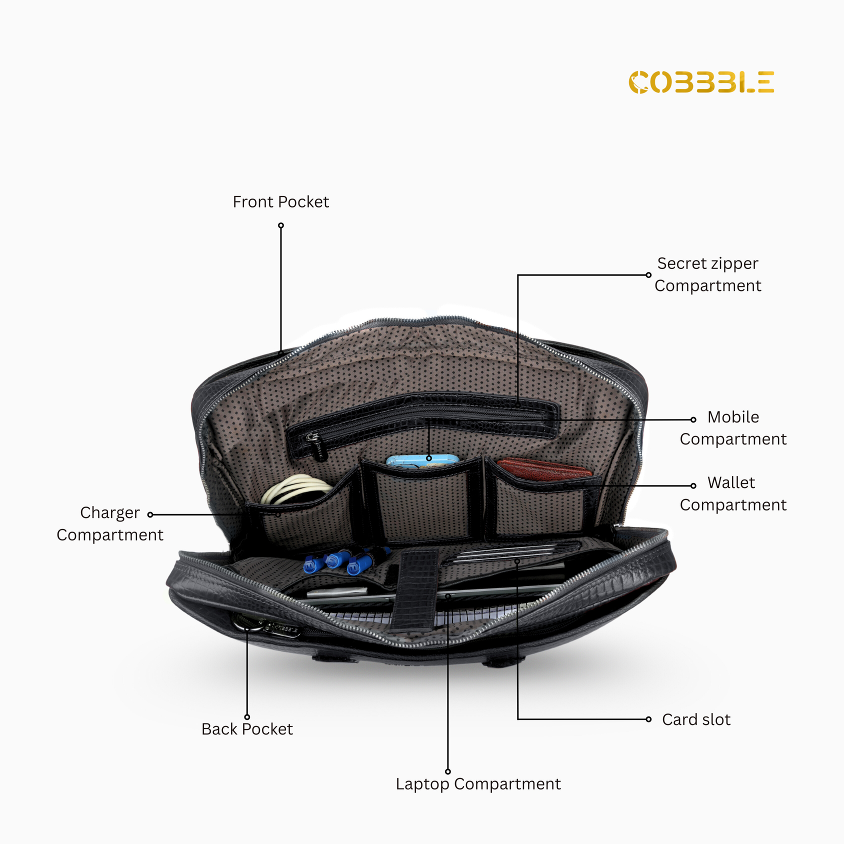 Cobbble Croco Executive Laptop Briefcase - Black