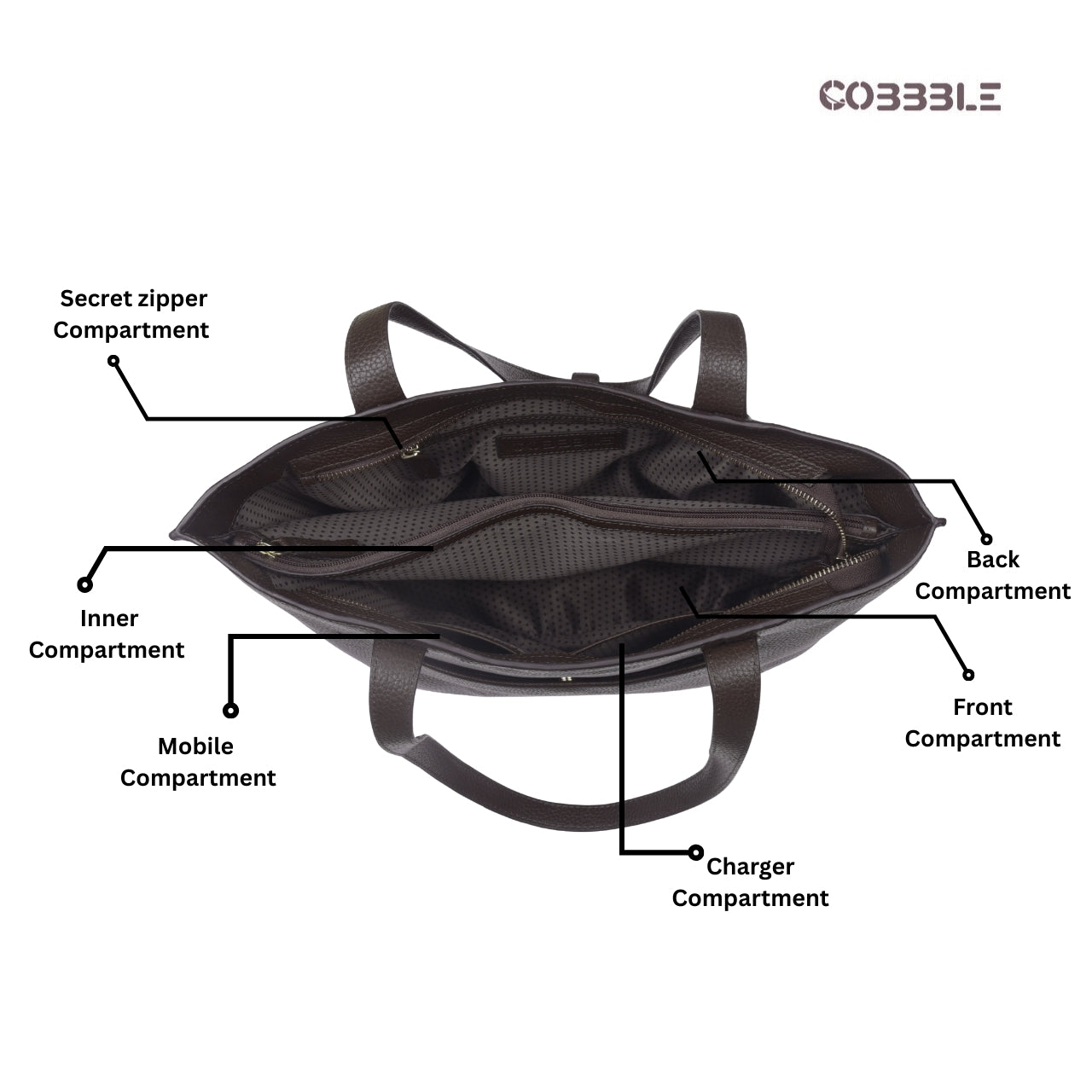 Cobbble Woman Metro Shoulder Bag - Dark Brown, Multi-Pocket