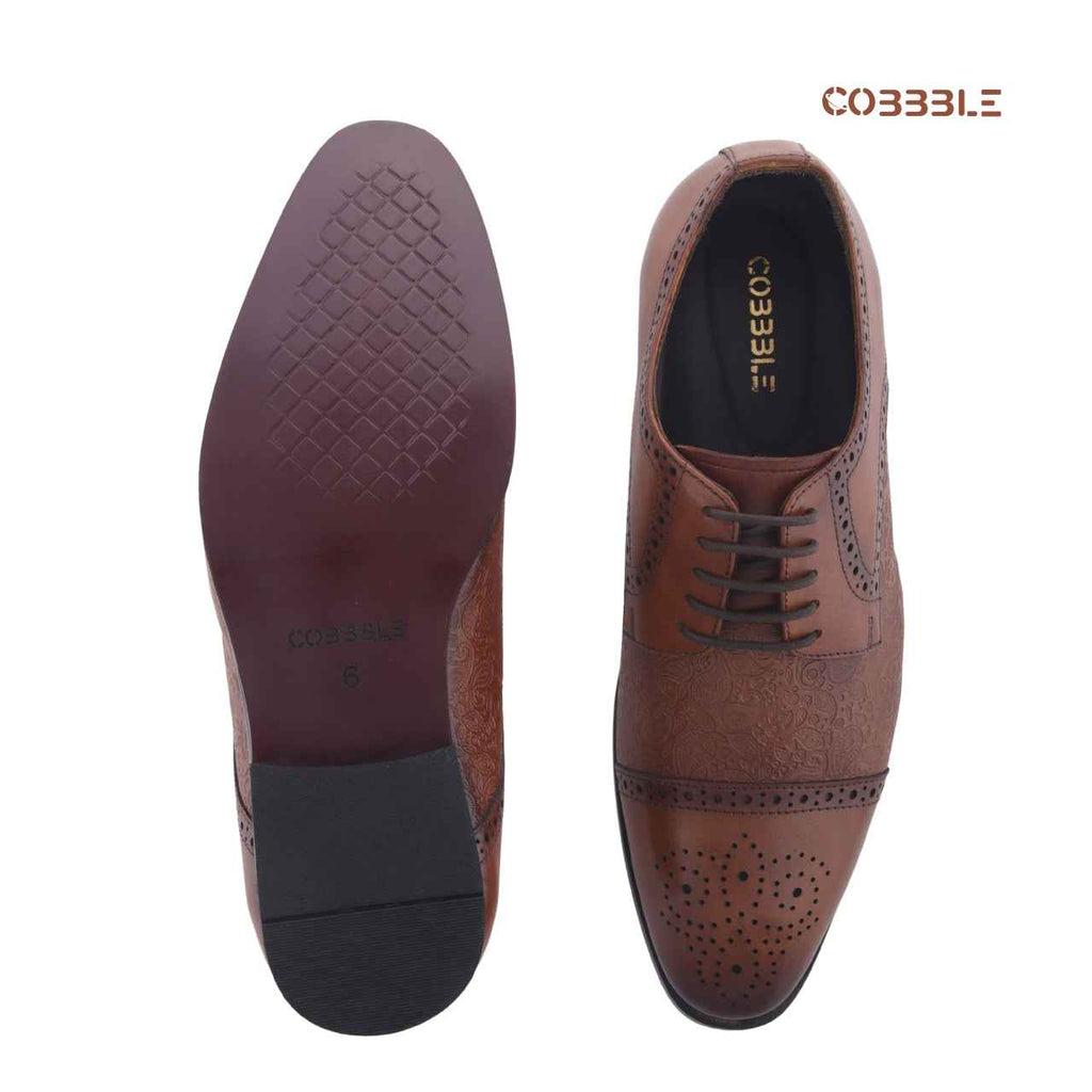 Luxury Shoes: Cobbble Men's Premium Engraved Brogue Leather Shoes - Tan
