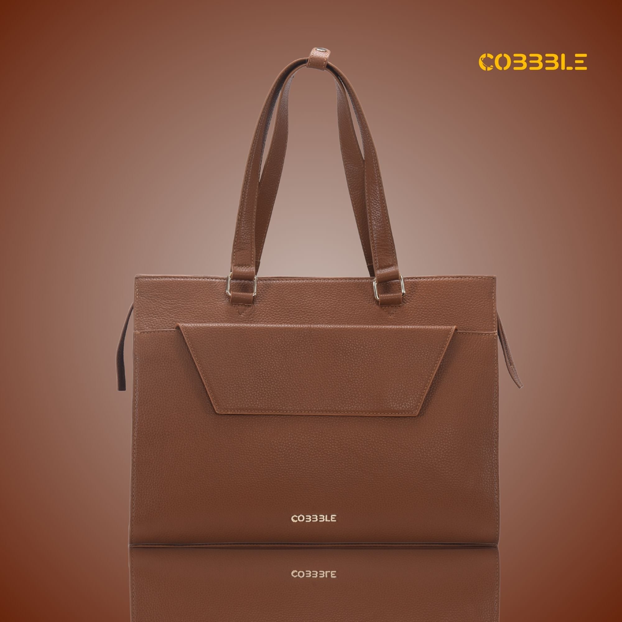 Cobbble Woman Shoulder Laptop Bag - Tan, Multi-Pocket