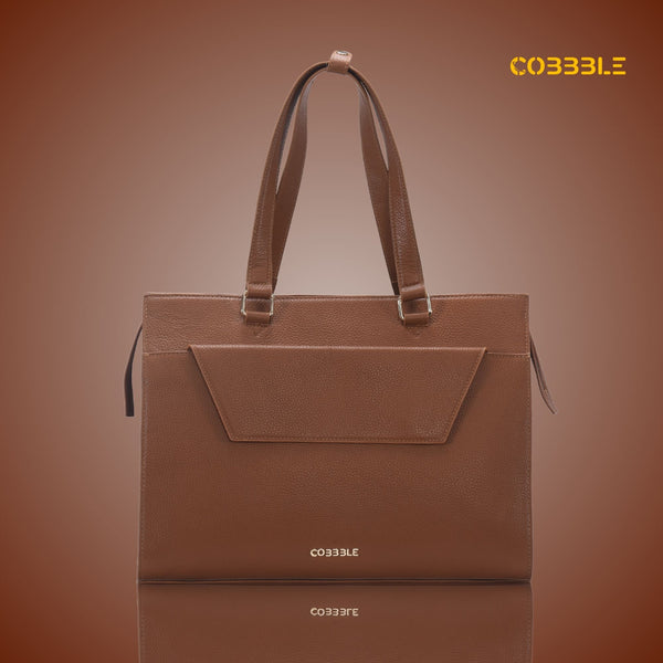 Cobbble Woman Shoulder Laptop Bag - Tan, Multi-Pocket